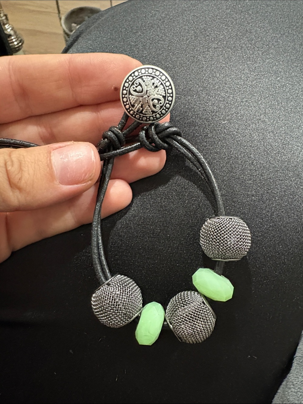 Handcrafted Black Leather Cord Bracelet with Neon Green and Silver Beads